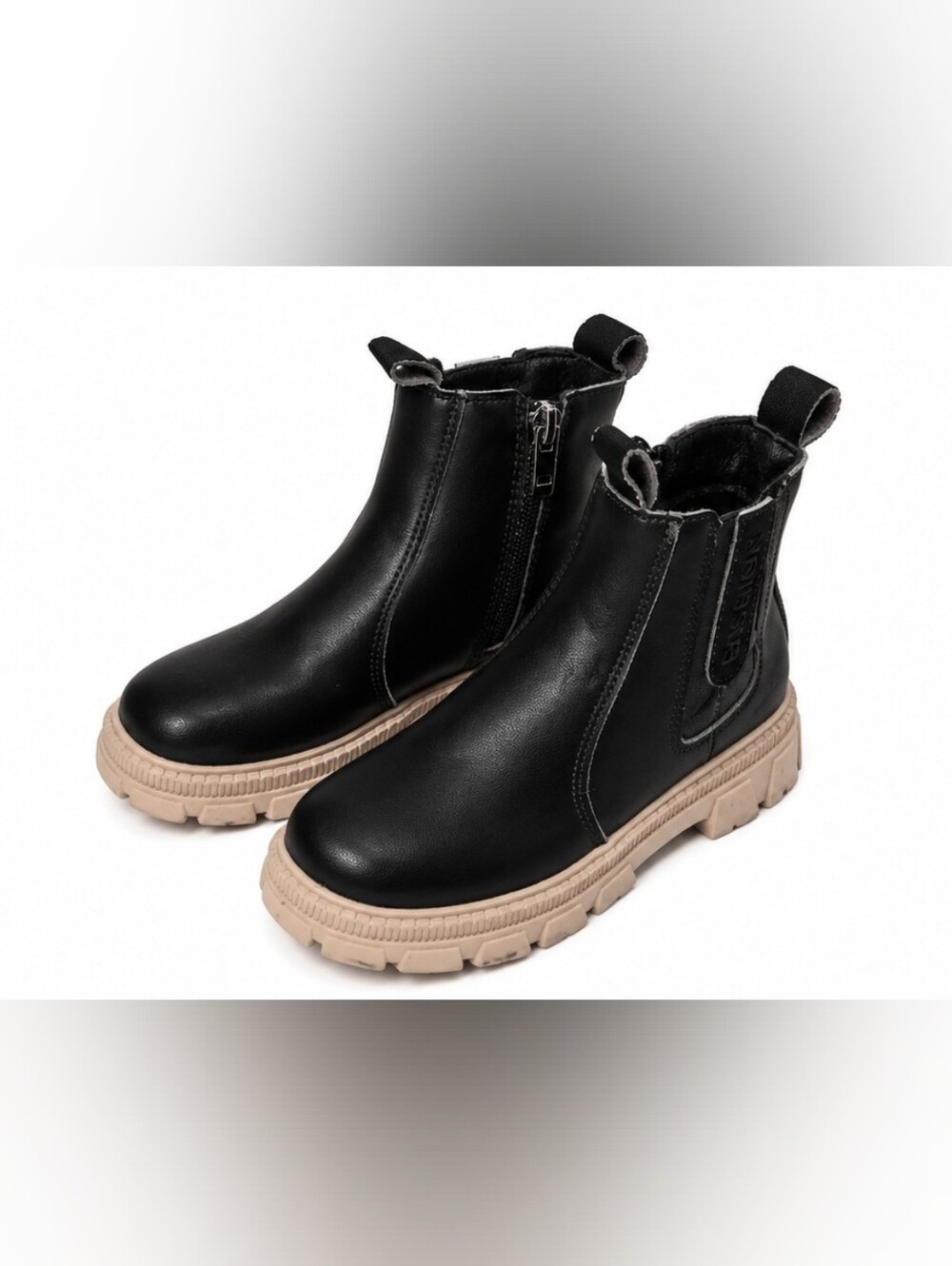 Girls Black Chelsea Ankle Boots with Tan Lug Sole – Size EU 28 / US 11
